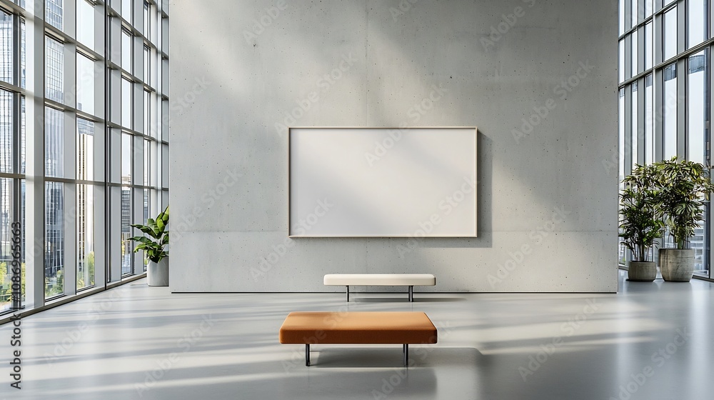 Poster Serene and Inviting Minimalist Office Interior with Concrete Wall Empty Frame and Warm Sunlight Streaming Through Tall Glass Windows