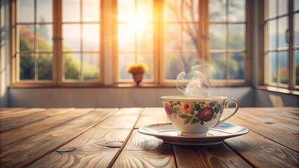 Warm Morning Beverage on Rustic Wooden Table by Sunlit Window