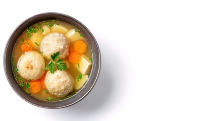 Matzo Ball Soup is a traditional Jewish dish soup with matzo meal dumpling balls is a Passover culinary symbol, representing the unleavened bread eaten during the holiday, Isolated on white background