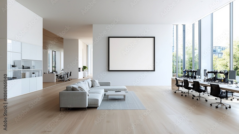 Aufkleber Spacious and Inviting Living Room with Frame Mockup on the Wall Overlooking a Sleek and Organized Office Workspace with Various Equipment and Technology