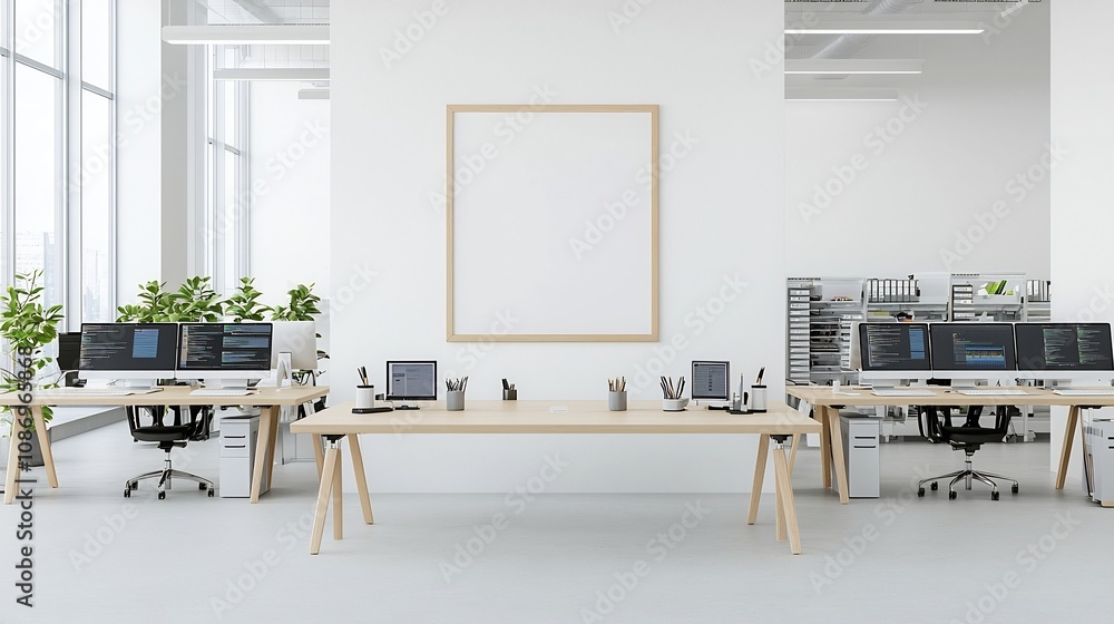 Poster minimalist living room design with blank poster frame and streamlined office workstation with multip