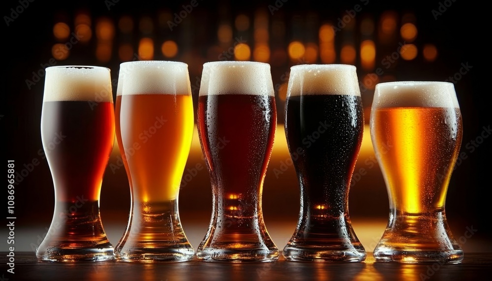 Aufkleber five different craft beers in glasses in row on bar counter abstract blurred background in pub