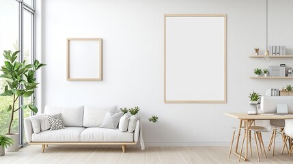 Minimal Living Room Interior Mockup Showcasing a Wall Poster Design and Aerial View of a Neatly Organized Office Workspace