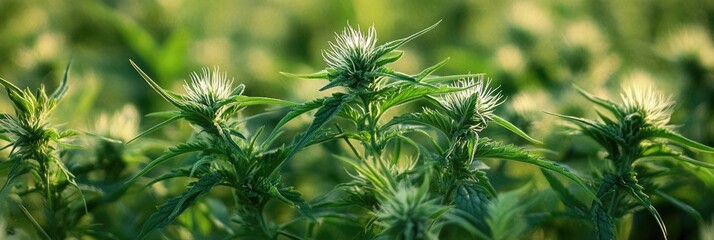 Fototapeta premium Close-Up of Lush Weeds: Nettle, Thistle, and Wormwood Blooming in a Vibrant Field
