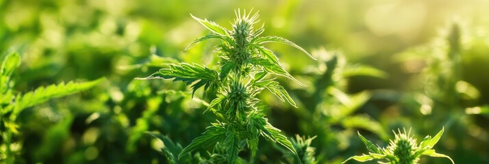 Vibrant Weeds: Close-Up of Nettle, Thistle, and Wormwood Blossoming in a Lush Green Field