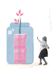 Elderly woman dancing at jar of coins with plant growing from it, symbolizing growth-oriented...