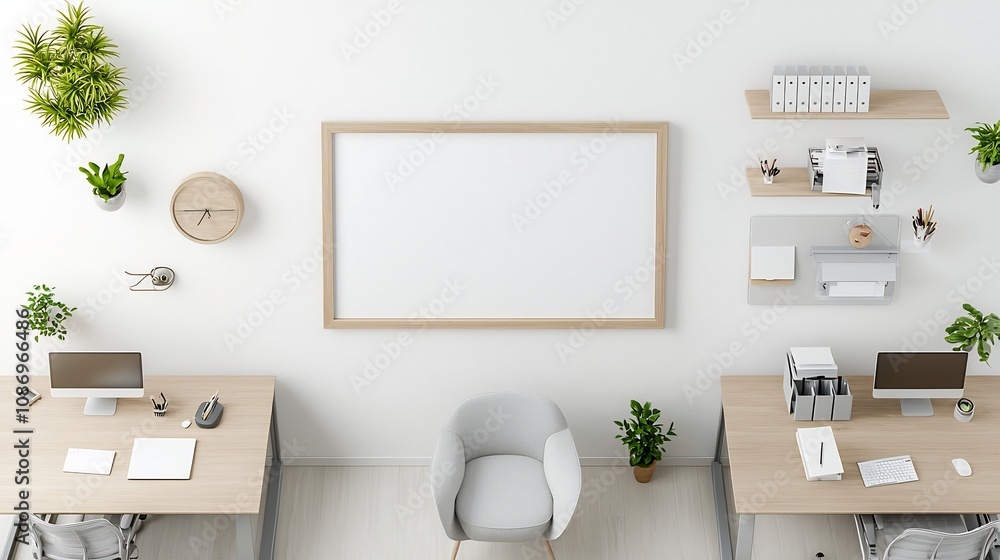 Poster organized professional office space with iso a paper size frame wall mockup aerial view of tidy desk