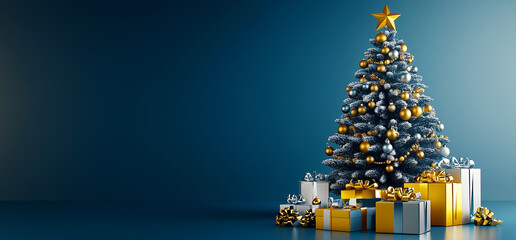 A small Christmas tree and present boxes wrapped with golden and silver paper stands on an indoor floor against a soft blue background.