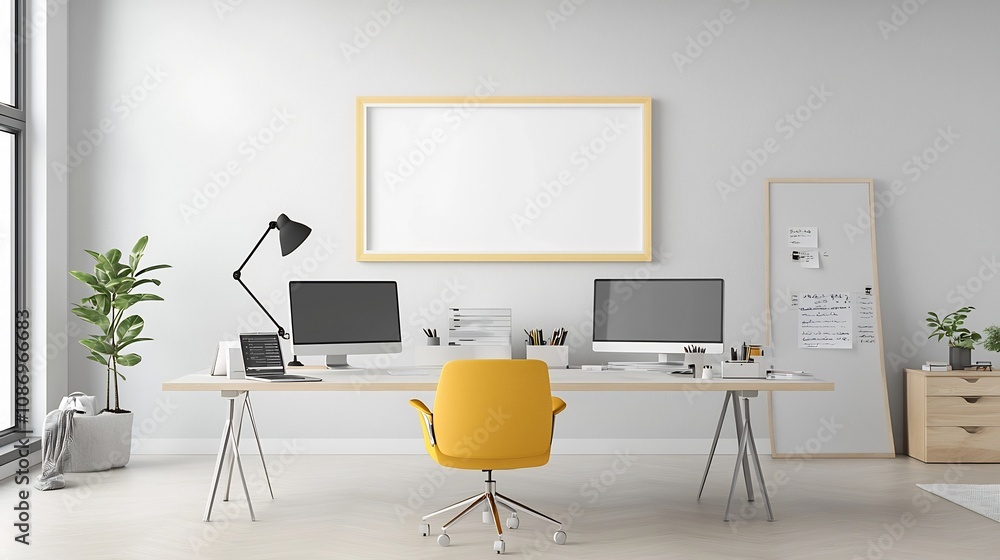 Poster cozy and functional modern office workspace arrangement in a bright living room setting with frame m