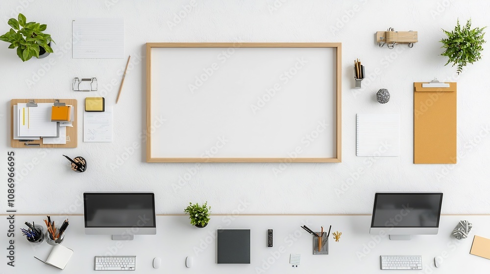Poster Minimalist modern living room with a frame mockup on the wall and an aerial view of a long table with computers and professional office equipment showcasing a clean and organized workspace