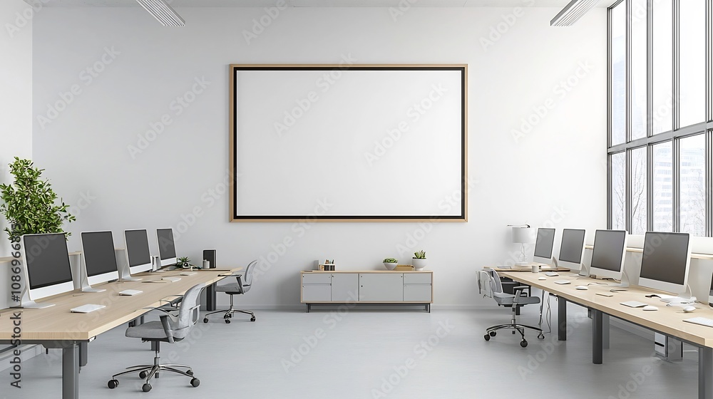 Aufkleber minimalist and contemporary interior design showcasing a sleek office space with multiple computers 