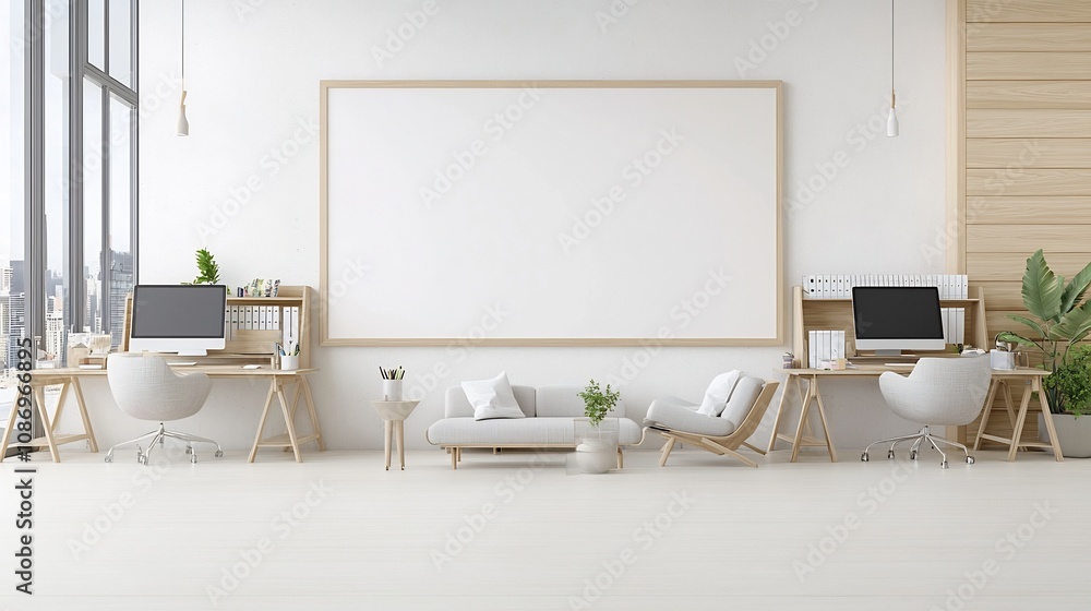 Poster a 3d rendered image of a modern and minimalist living room setting with a well organized office setu
