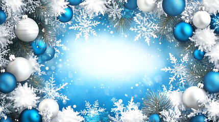 Winter-themed background with frosted evergreen branches, baubles and snowflakes framing a textured.	