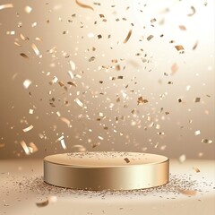 Realistic empty golden podium and sparkling confetti flying in the air. Illustration of a round platform for product presentation.