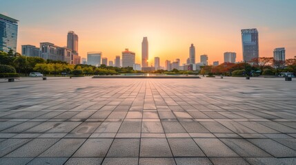 Empty square floor with city skyline background, City skyline with full moon, nocturnal urban scene