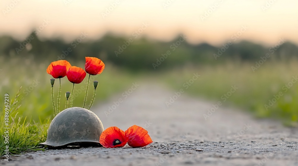 Aufkleber a bouquet of vibrant red poppies placed beside a weathered historic military helmet illuminated by t