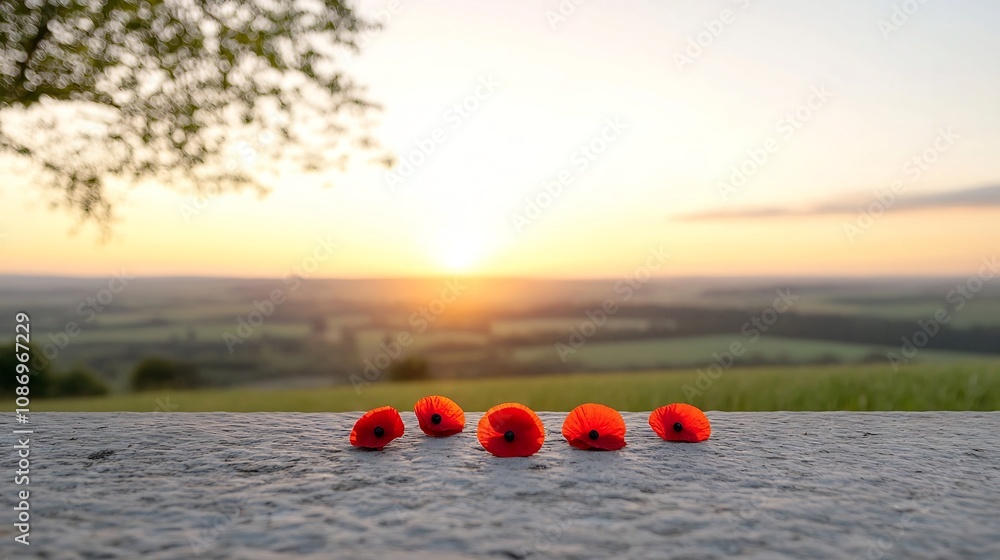 Poster vibrant red poppies placed on an ancient military grave under warm glowing golden hour lighting serv