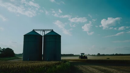 Grain silos standing tall amidst vast farmland, symbolizing the backbone of agricultural sustenance and the enduring cycle of rural life.