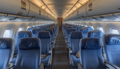 Fototapeta premium Empty Economy Class Cabin of a Passenger Airplane, Featuring Rows of Comfortable Seats and an Aisle.