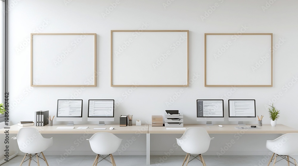 Aufkleber aerial perspective showcasing an organized modern office workspace with a frame mockup displayed on 