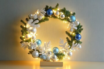 A simple wreath made of LED lights, with small Christmas ornaments hanging from it and a wooden base underneath the light ring