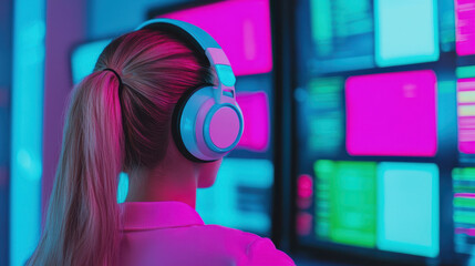 call center customer service efficiency. High energy call center with colorful screens and