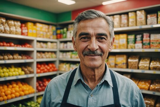 Close portrait of a smiling senior Tajik male grocer standing and looking at the camera, Tajik grocery store blurred background