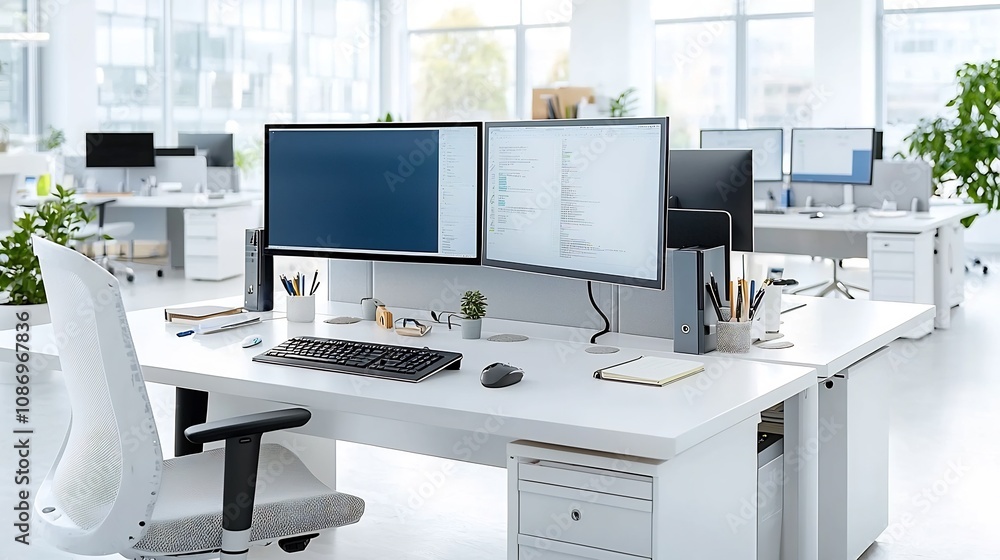 Leinwandbilder Aerial Overhead View of a Clean and Organized Office Desk Workspace with Multiple Computer Monitors Laptop and Assorted Productivity Accessories Arranged in a Minimalist Modern Style