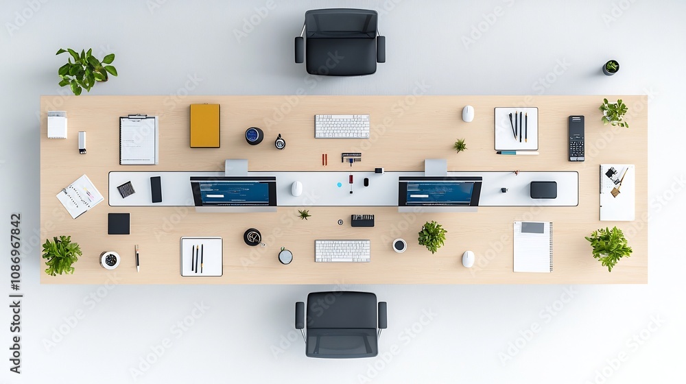 Poster overhead top down view of a clean and organized modern office workspace with a long table featuring 