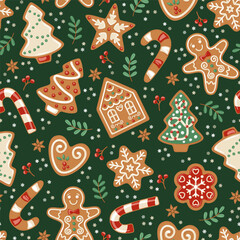 Seamless pattern Christmas theme with ginger breads, candies, Christmas tree, stars. Vector illustration.