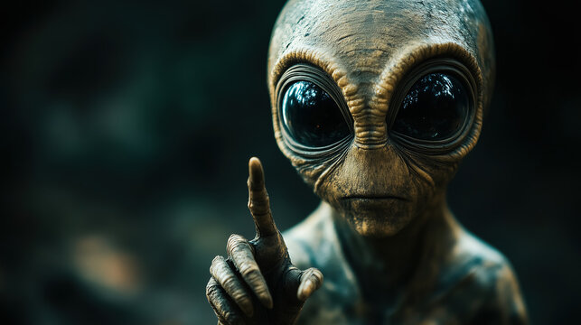 Mysterious alien figure with large eyes and a pointed finger cautions in a dark forest setting during twilight hours. Generative AI