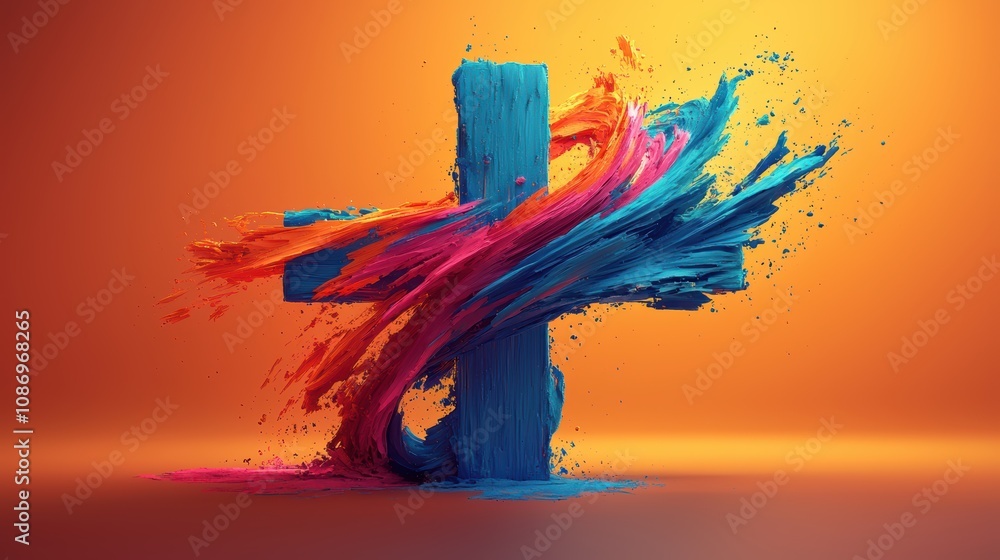 Poster a vibrant splash of colorful paint forms a dynamic cross shape against an orange backdrop, showcasin