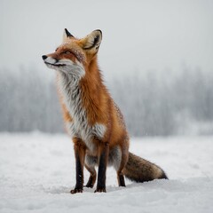 Fototapeta premium A fox standing on its hind legs, tail swaying, white backdrop.