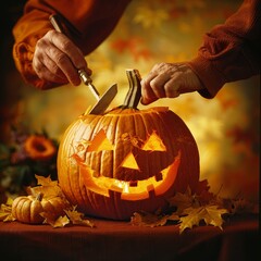 Creating a Glowing Halloween Masterpiece Hands Carving an Intricate Jack-o-Lantern Design.