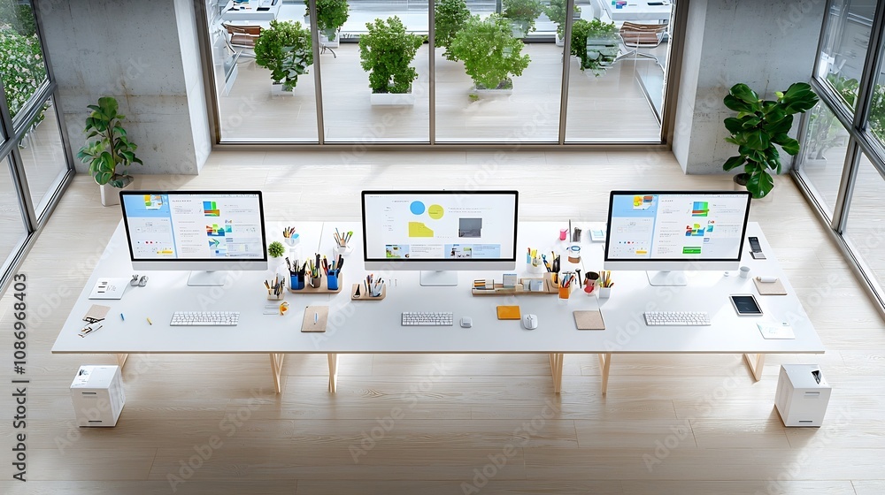 Fototapete Aerial view of a clean well organized desk setup with multiple monitors laptop and various office supplies arranged neatly on a long table in a sleek contemporary office setting