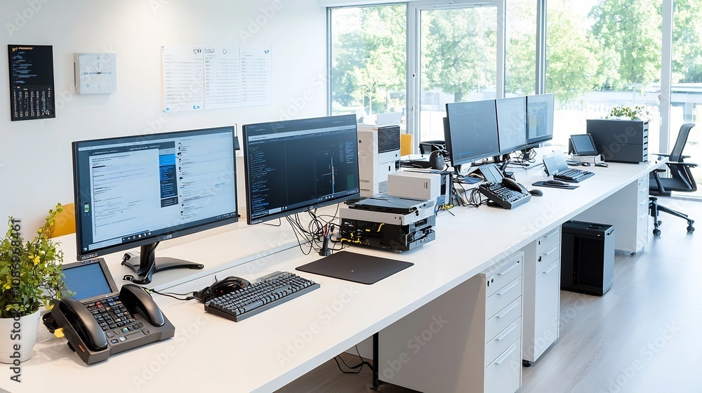 Poster Overhead view showcasing a spacious and neatly arranged office workspace with computers equipment and other office supplies meticulously organized on a long white desk