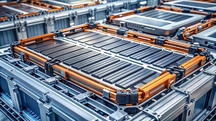 Closeup of High-Voltage Lithium-Ion Battery Components in an Electric Vehicle Production Line, Showcasing Advanced Automotive Industry Manufacturing Techniques and High-Efficiency Modules