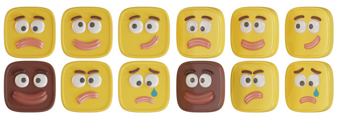 A set of volumetric square emoji. Feelings and emotions. 3D rendering without background.
