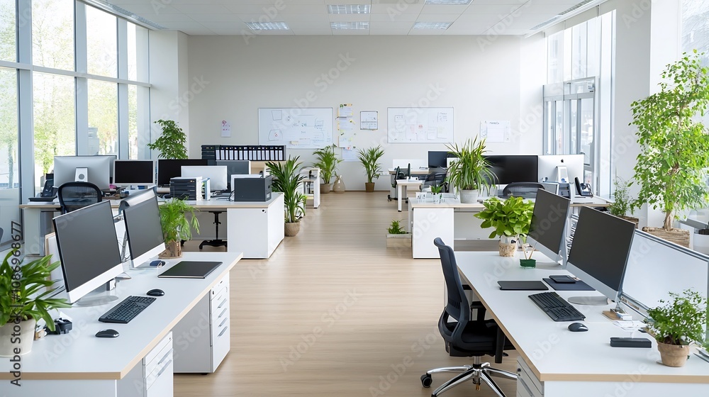 Aufkleber aerial shot of a long organized desk in a modern minimalist office setting the workspace features ne