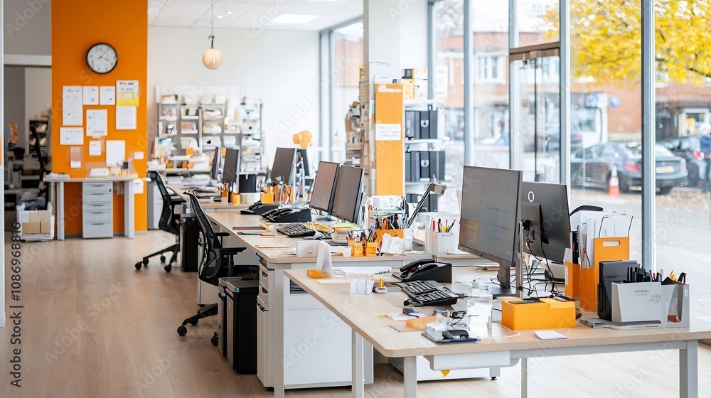 Aufkleber Overhead perspective of a meticulously arranged modern office workspace featuring rows of organized workstations with computers monitors keyboards