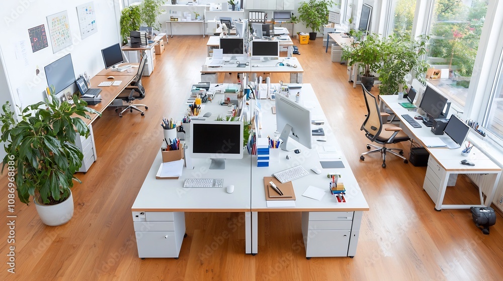 Poster aerial perspective of a well designed and efficiently arranged office workspace with neatly organize