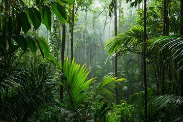 Naklejka premium Lush Tropical Rainforest: A Serenity of Green and Mist