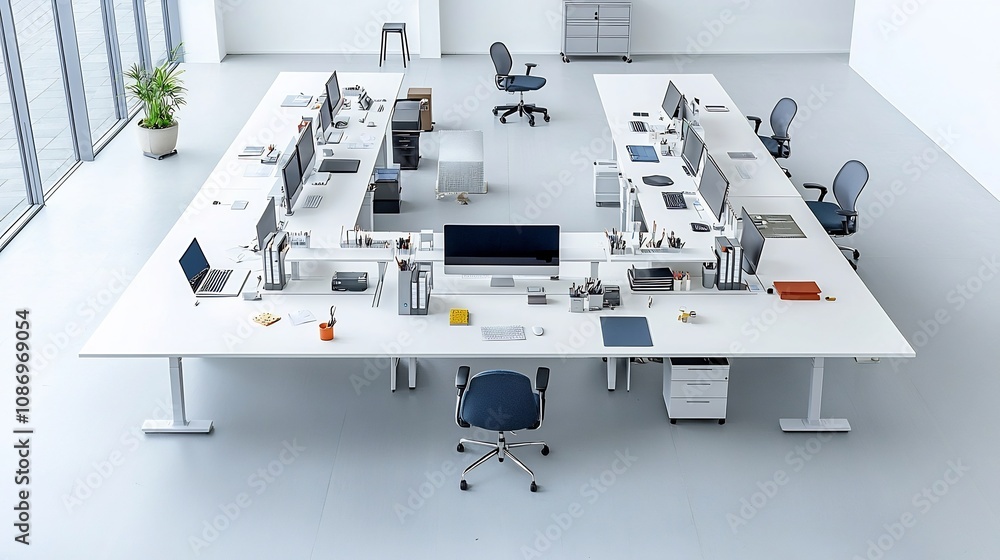 Fototapete aerial perspective of a long table with neatly arranged workstations computers and equipment in a mo