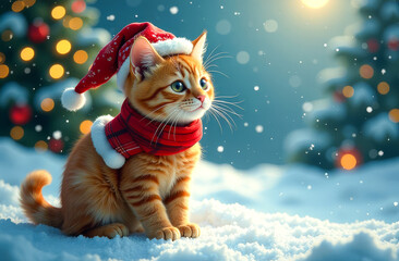 Cute kitten in a Santa Claus hat on a festive snowy background with decorated Christmas trees. Merry Christmas and Happy Holidays greeting card with animals