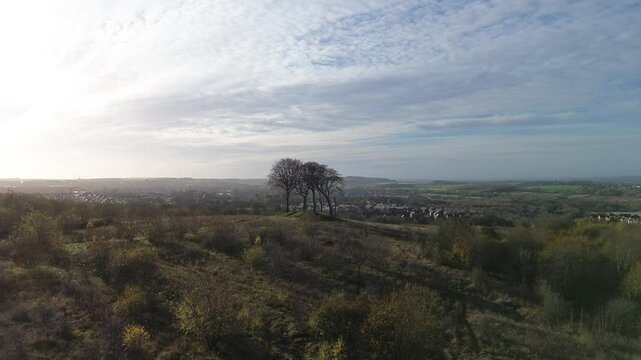 6 leafless trees standing alone on ancient round barrow burial ground hilltop. Seven Sisters - Houghton-Le-Spring, UK. Aerial