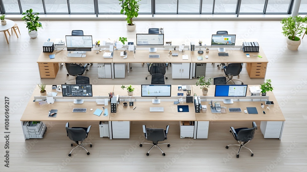 Leinwandbilder overhead view of a minimalist and organized modern office workspace with computers laptops and vario