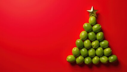 Green olives arranged in a Christmas tree shape on red background with copy space. For olive and gourmet food business. Minimalist design for greeting card, invitation, postcard, banner, poster