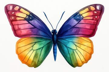 Obraz premium LGBTQ equality recognition concept. A vibrant watercolor painting of a butterfly, showcasing a spectrum of colors in its wings, symbolizing beauty and transformation.