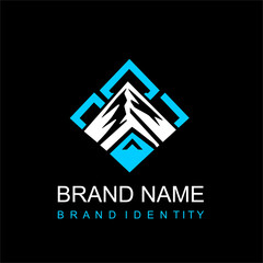 A simple rectangular logo with a mountain silhouette in the middle.