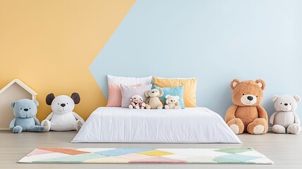 Cozy and Inviting Pastel Colored Children s Bedroom with Plush Stuffed Animals Neatly Arranged on the Soft Bed Creating a Warm and Welcoming Atmosphere for a Child s Playtime and Relaxation